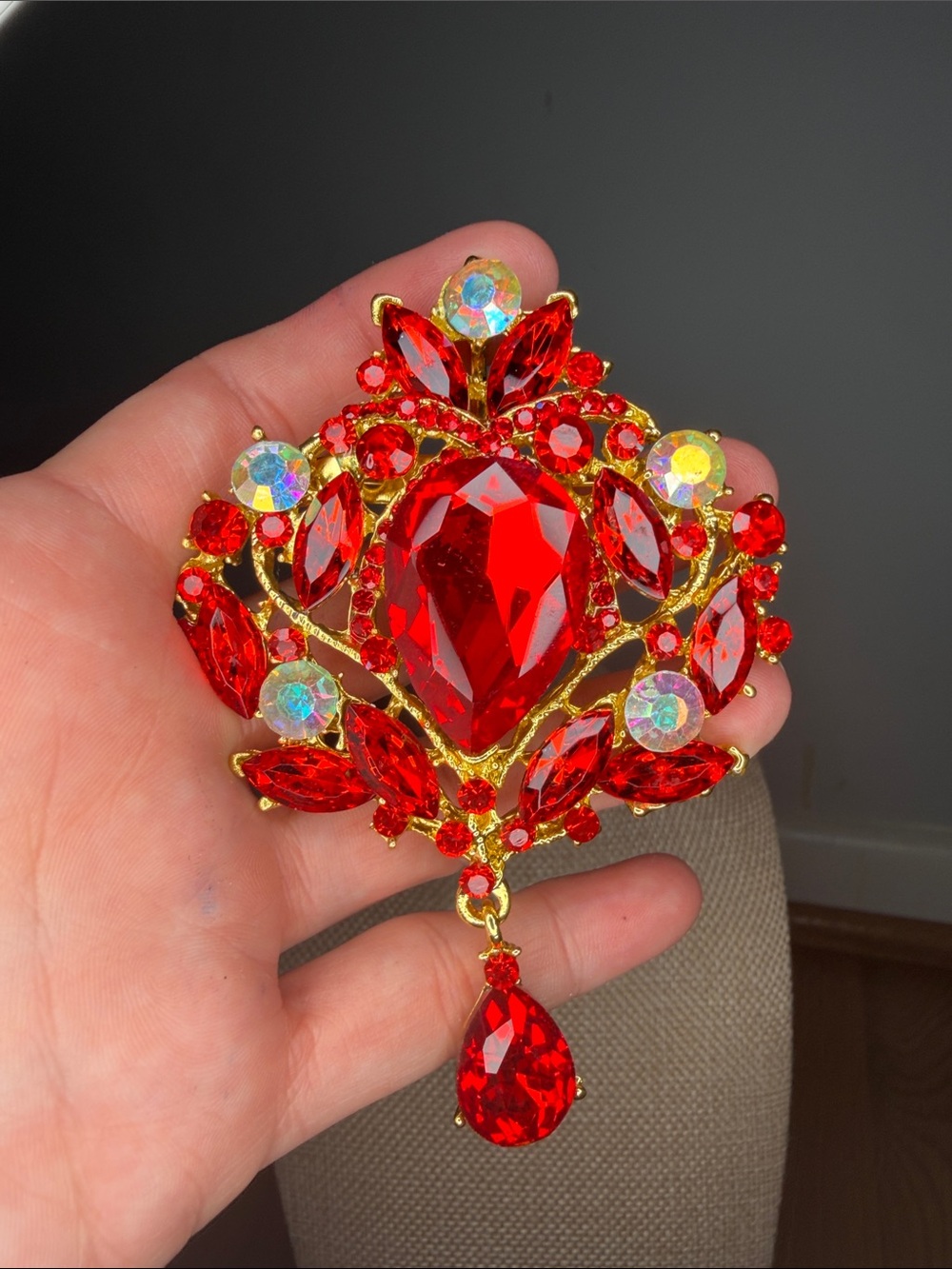Gold-Tone Red Crystal Statement Brooch